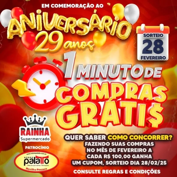 1 Minuto de Compras Grátis! Faça suas compras no Rainha Supermercado e concorra