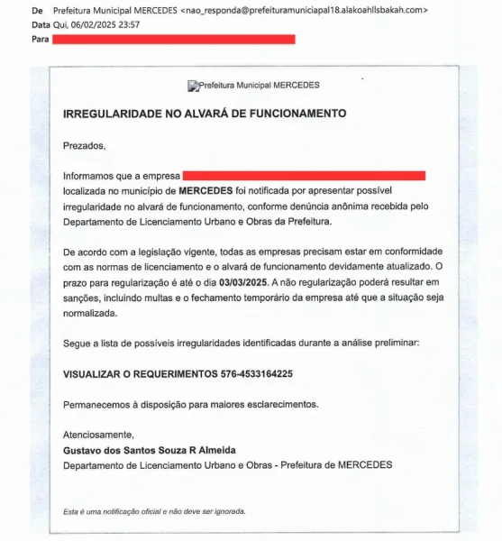 Prefeitura de Mercedes alerta sobre golpe por e-mail envolvendo falsa irregularidade no alvará de funcionamento