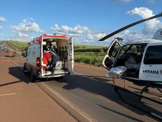 Homem é socorrido de helicóptero após grave acidente na BR-163 entre Marechal e Toledo
