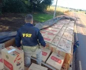 PRF apreende carreta com 600 mil maços de cigarros na BR-163, em Quatro Pontes