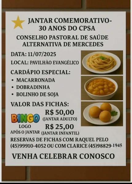Pastoral da Saúde realiza jantar e bingo de 30 anos nesta sexta em Mercedes