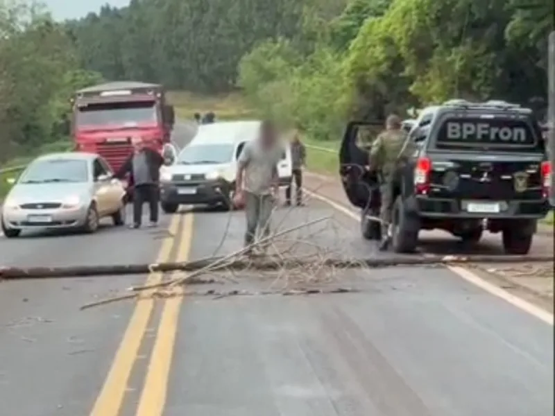 Com galhos e árvore, homem bloqueia BR-163 entre Guaíra e Mercedes