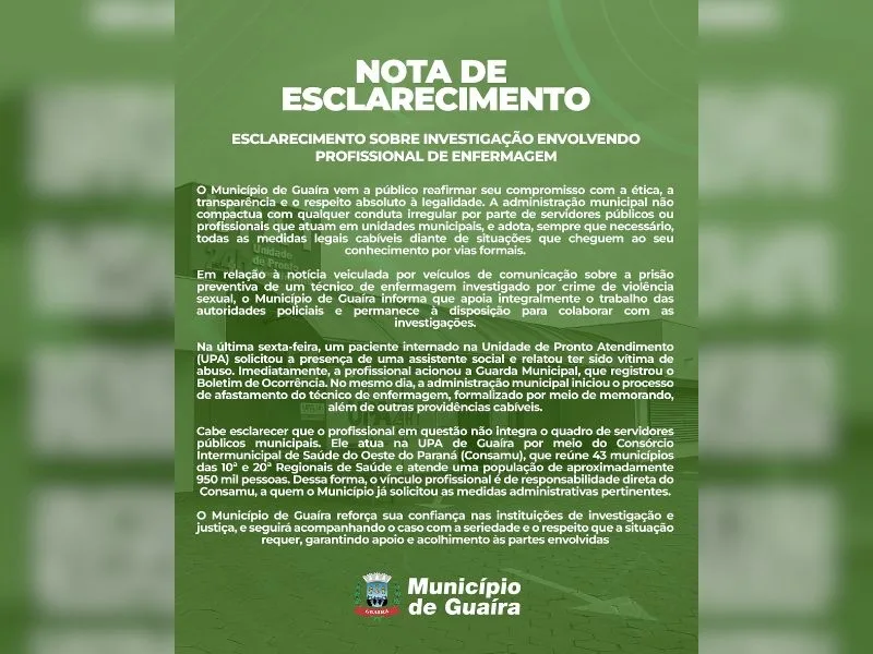 Prefeitura de Guaíra divulga nota sobre investigação envolvendo profissional de enfermagem