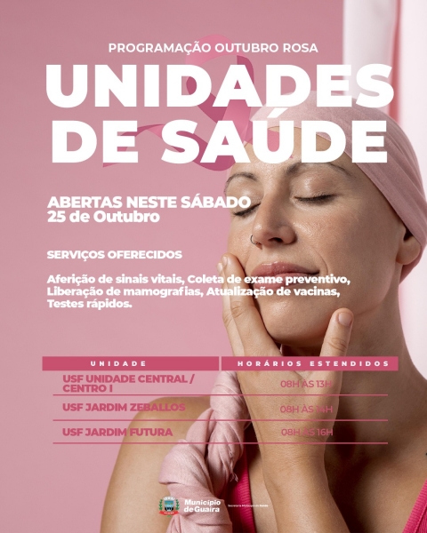 3 Unidades de Saúde abrem neste sábado em ação do Outubro Rosa