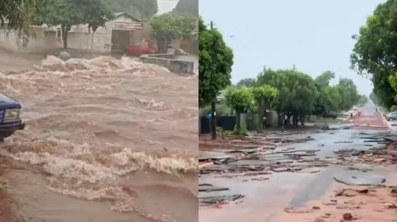 Ruas viram 'rios' e água arranca asfalto em Altônia durante temporal