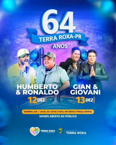 Terra Roxa celebra 64 anos com shows de Humberto & Ronaldo e Gian & Giovani nos dias 12 e 13