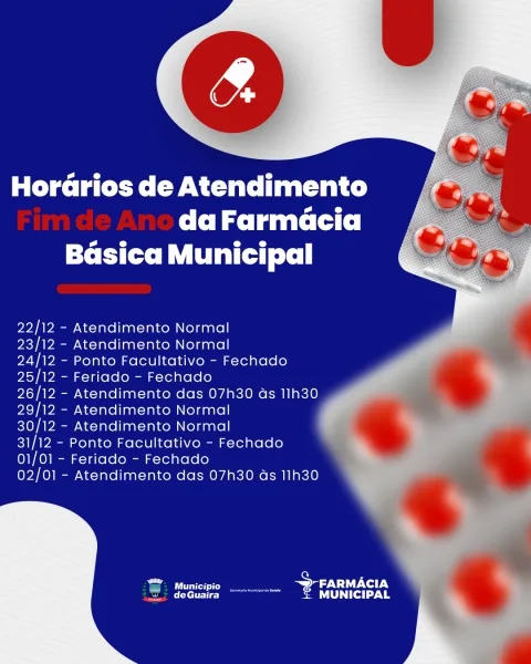 Município de Guaíra divulga horários da Farmácia Básica para o período de fim de ano