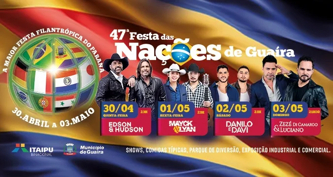 Guaíra divulga shows nacionais da Festa das Nações de 2026