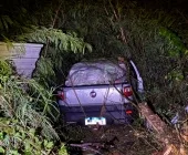Carro sai da pista e invade área de mata na BR-163 em Mercedes