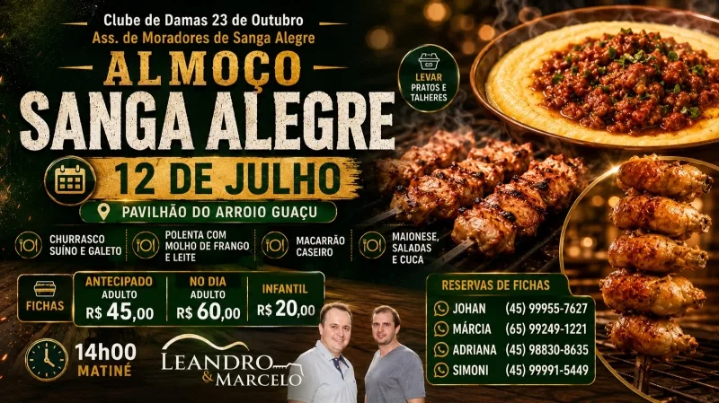 Com matinê de Leandro e Marcelo, Sanga Alegre promove almoço no próximo domingo