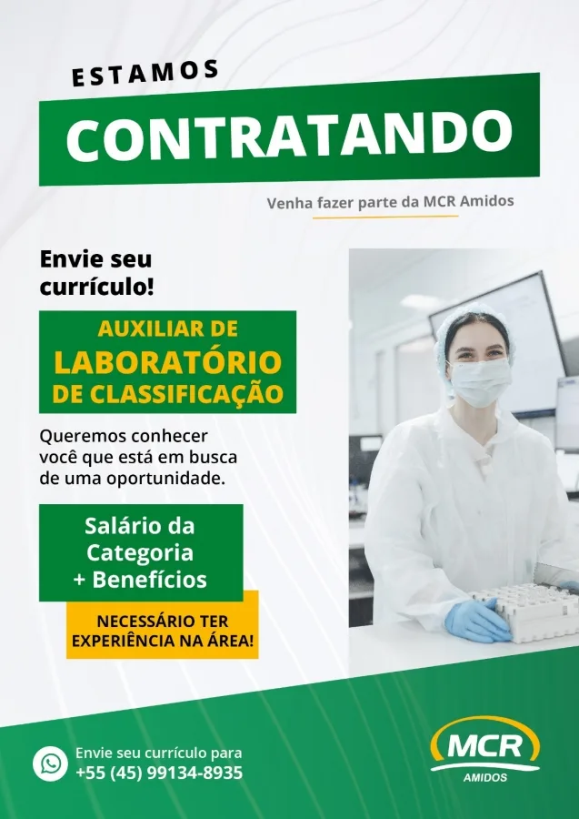 MCR Amidos abre vaga para auxiliar de laboratório de classificação com diversos benefícios