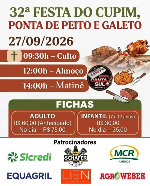 Festa do Cupim acontece amanhã no Arroio Guaçu com culto, almoço e matinê