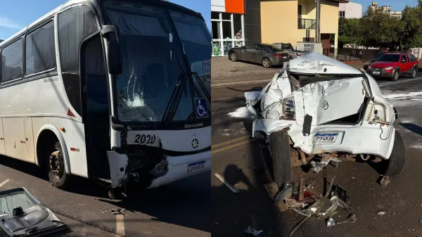 Ônibus perde freio, atinge carro e percorre cinco quadras desgovernado em Coronel Vivida